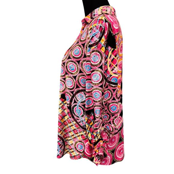 NEW PETER NYGARD Women's Printed Button Down Ruched Sleeve Shirt Size L - Picture 3 of 5